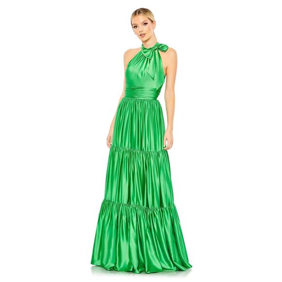 Mac Duggal 50658 Green Satin Tiered Sleeveless Halter Gown Size 6 NWT - Picture 1 of 7
